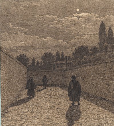 Maanlicht over een weg met drie figuren. Illustratie voor "Linearperspectiven", Plaat IV door Christoffer Wilhelm Eckersberg
