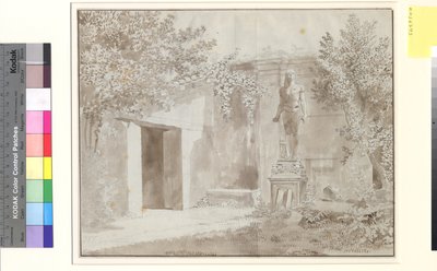 Deel waarschijnlijk van de tuin van Palazzo Barberini met Romeinse Antinous-standbeeld in Egyptische stijl, Rome door Christoffer Wilhelm Eckersberg