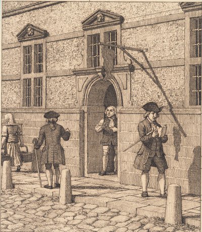 Partij rond een portaal van de beurs. Illustratie voor "Linearperspectiven", Tafel VI door Christoffer Wilhelm Eckersberg