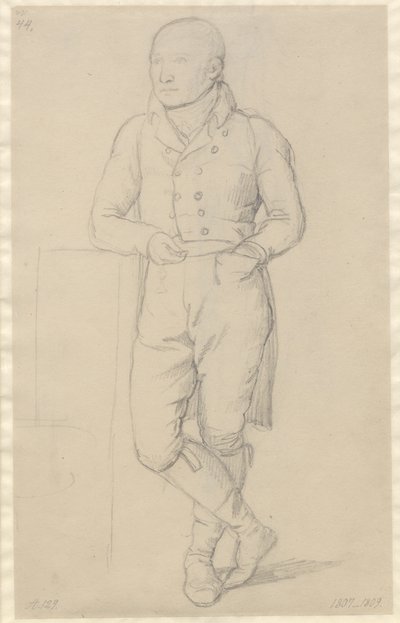 Portret van een staande man, met gekruiste benen, leunend tegen een sofa door Christoffer Wilhelm Eckersberg