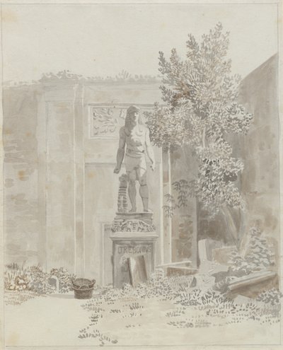 Romeins antiek standbeeld in Egyptische stijl, vermoedelijk in de tuin van Palazzo Barberini door Christoffer Wilhelm Eckersberg