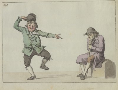Satirisch blad; een man springt en lacht terwijl hij wijst naar een zittende oude man door Christoffer Wilhelm Eckersberg