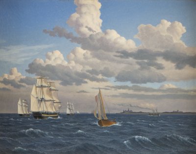 Schepen in de Sont ten noorden van Kasteel Kronborg, Elsinore door Christoffer Wilhelm Eckersberg