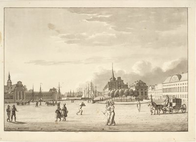 Plein in Kopenhagen met Holmens Kerk, Beurs, de nu verdwenen bank en kanselarijgebouw ("Het Rode Gebouw") door Christoffer Wilhelm Eckersberg