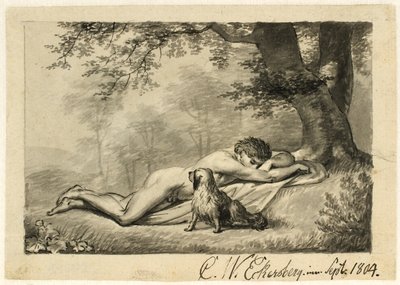 Slapende naakte jongen bij een muur door Christoffer Wilhelm Eckersberg