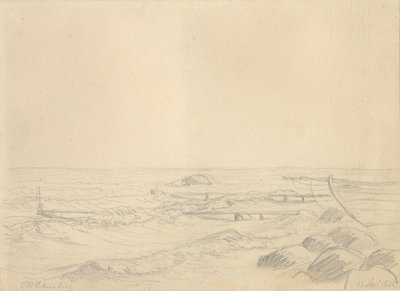 Strandpartij met golven die tegen stenen en een badsteiger slaan door Christoffer Wilhelm Eckersberg