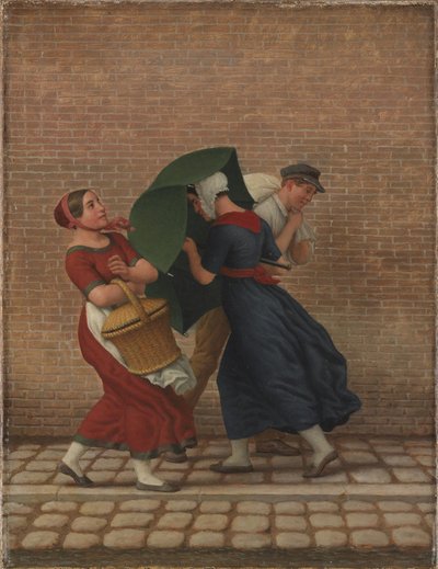 Straatscène in winderig en regenachtig weer door Christoffer Wilhelm Eckersberg