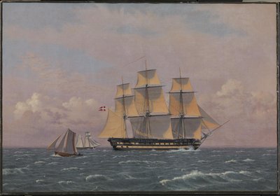 Het 84-kanons Deense oorlogsschip "Dronning Marie" in de Sont door Christoffer Wilhelm Eckersberg