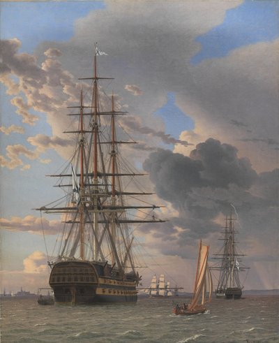 Het Russische linieschip "Asow" en een fregat voor anker bij Elsinore door Christoffer Wilhelm Eckersberg