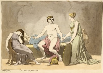 Thetis brengt wapens naar Achilles, die rouwt bij het lichaam van Patroklos door Christoffer Wilhelm Eckersberg