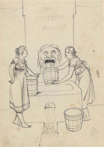 Twee vrouwen halen water bij een fontein, die het water uit een masker mondt door Christoffer Wilhelm Eckersberg