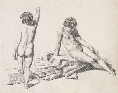 Twee naakte kleine meisjes, de een zittend van voren gezien, de ander staand van achteren gezien door Christoffer Wilhelm Eckersberg