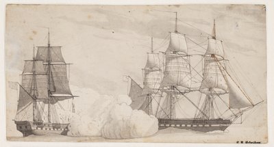 Twee oorlogsschepen in gevecht (de Engelse fregat Shannon en de Amerikaanse fregat Chesapeake?) door Christoffer Wilhelm Eckersberg