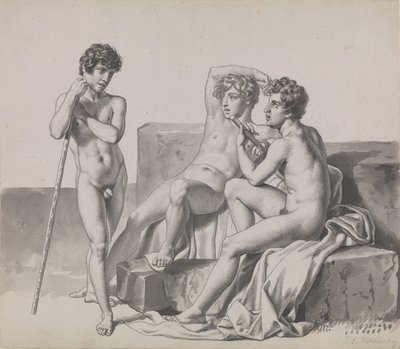 Drie jonge naakte jongens staand of zittend tussen stenen blokken door Christoffer Wilhelm Eckersberg
