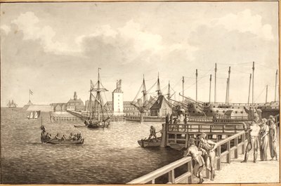 Uitzicht vanaf Langelinie richting Nyholm, rechts de vlootbasis door Christoffer Wilhelm Eckersberg