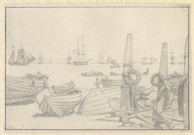 Uitzicht vanaf het strand ten zuiden van Helsingør naar het wachtschip, de brik "Falster" door Christoffer Wilhelm Eckersberg
