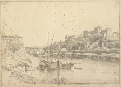 Uitzicht over de Tiber bij Porto di Ripa Grande buiten Porta Portese richting Marmorata en de kerken op Monte Aventino, Rome door Christoffer Wilhelm Eckersberg