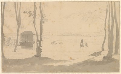 Uitzicht over een meer, links een badhuis, in het midden ruiters die paarden drenken, de voorgrond is bebost door Christoffer Wilhelm Eckersberg