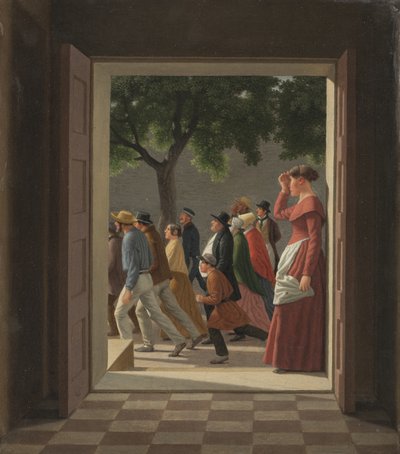 Uitzicht door een deur naar rennende figuren door Christoffer Wilhelm Eckersberg