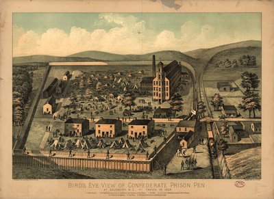 Vogelvlucht van de Geconfedereerde gevangenis in Salisbury, N.C., genomen in 1864 door C. A.; J.H. BuffordS Sons Lith Kraus