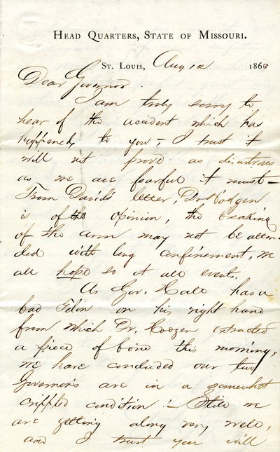 Brief ondertekend C.C. Bailey, Hoofdkwartier, Staat Missouri, St. Louis, aan Gouverneur [Hamilton R. Gamble], 12 augustus 1863 door C. C. Bailey
