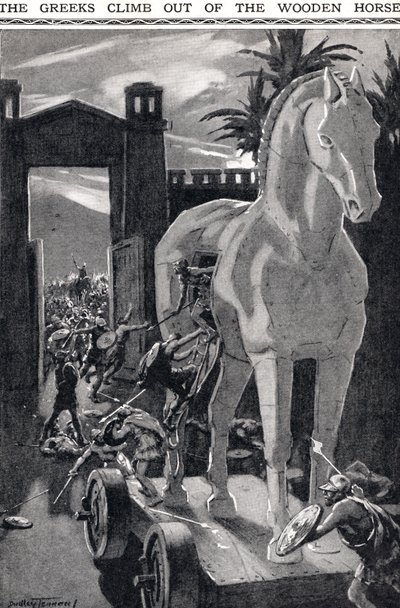 De Grieken Klimmen uit het Houten Paard, illustratie uit 