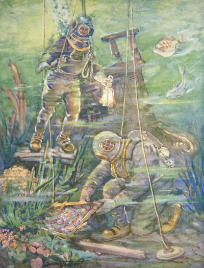 Diepzeeduikers vinden gezonken schat, c.1890s door C. Dudley Tennant