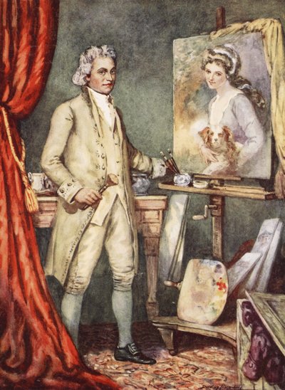 George Romney schildert een portret van Lady Hamilton (kleur litho) door C. Dudley Tennant