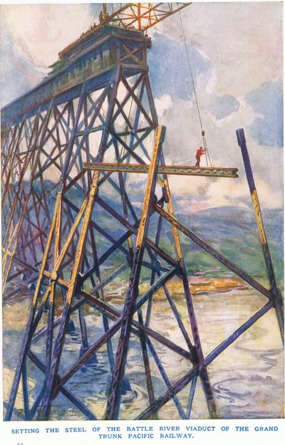 Staal plaatsen op het Battle River viaduct van de Grand Trunk Pacific Railway door C. Dudley Tennant
