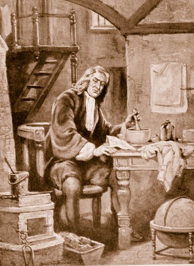 Sir Isaac Newton in zijn kleine kamer door C. Dudley Tennant