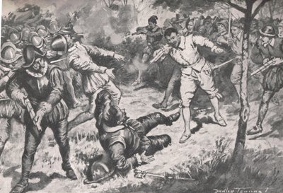 De Admiraal, gevolgd door zijn gezelschap, rende hals over kop naar de Vera Cruz-wacht, illustratie uit 