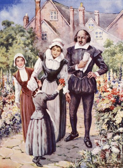 William Shakespeare, met zijn vrouw en twee dochters, in de tuin van New Place, Stratford-upon-Avon door C. Dudley Tennant