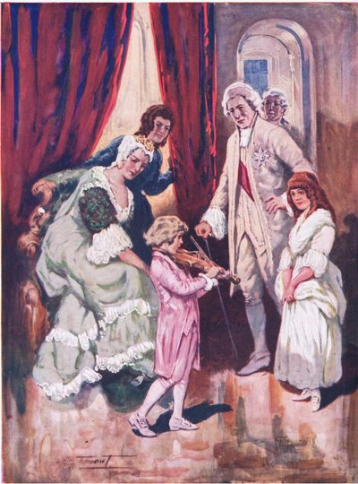 Het winnen van de harten van zijn koninklijk publiek: Mozarts eerste optreden aan het Oostenrijkse hof (kleur litho) door C. Dudley Tennant