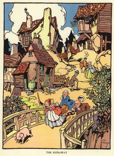 Weggelopen biggetje (kleur litho) door C. E. B. Bernard