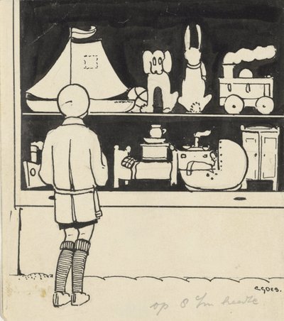 Dick kijkt naar de Etalage van een Speelgoedwinkel door C. Goes (signed by artist)