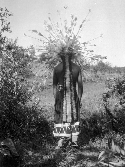 Inheemse Amerikaanse mensen en stamrondehuis en ceremoniële kleding, Californië door C. Hart Merriam