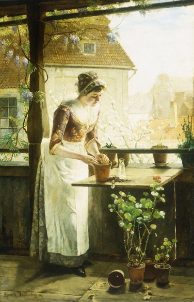 Vrouw die bloemen plant door C. Hendrick Nordenberg
