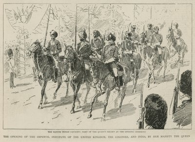 Het Imperial Institute: De inheemse Indiase cavalerie, onderdeel van de escorte van de koningin bij de openingsceremonie door C. Hentschell