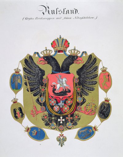 Wapens en schild van de staat van het keizerlijke Rusland, uit een collectie aquarellen gepubliceerd in Duitsland, ca. 1830-33 door C. Hildebrandt