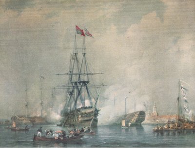 HMS Victory vuurt een koninklijk saluut af in de haven van Portsmouth, uit British Adventure gepubliceerd door Collins, 1947 door C. J. M. Whichello