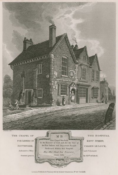 De kapel van het ziekenhuis voor melaatsen in Kent Street, Southwark, genaamd Le Lock door C. John Mayle Whichelo