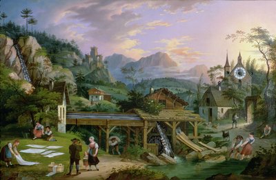 Schilderij Klok met scène van een Alpen dorpslandschap met klokmechanisme in kerktoren, 1833 door C. L. Hoffmeister