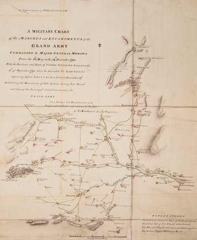 Een militaire kaart van de marsen en kampen van het grote leger onder bevel van generaal-majoor Medows van 26 mei tot 14 december 1790 door C. Mackenzie