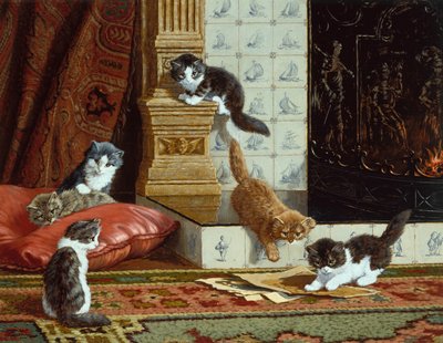 Bij het haardvuur (olieverf op doek) door C. Raaphorst