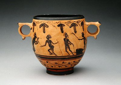 Skyphos met parodietaferelen, c.430-410 v.Chr. door Cabirian