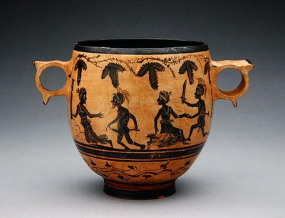 Skyphos met parodietaferelen, ca. 430-410 v.Chr. door Cabirian