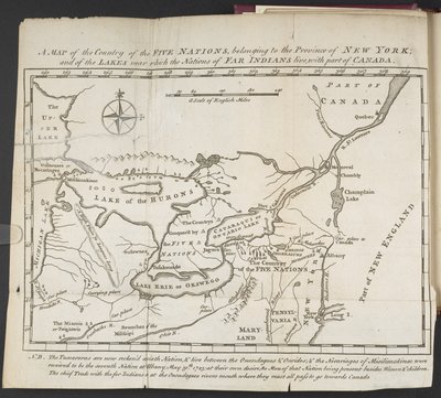 Een kaart van het land van de Vijf Naties, behorend tot de provincie New York; en van de meren nabij welke de naties van verre Indianen leven, met een deel van Canada door Cadwallader Colden