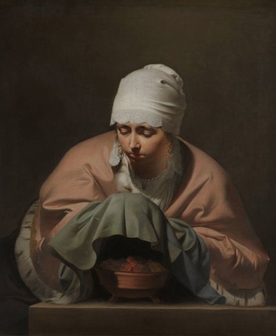 Een jonge vrouw die haar handen verwarmt boven een vuurkorf: Allegorie van de winter door Cesar Boetius van Everdingen