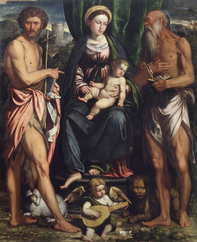Madonna en Kind met St. Johannes de Doper en St. Hiëronymus door Callisto Piazza