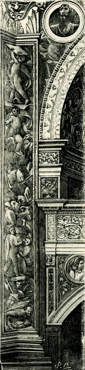 Pilasterstrip versierd door Callisto Piazza, Tempio Civico della Beata Vergine Incoronata, Lodi, Lombardije, Italië, houtsnede door Callisto Piazza